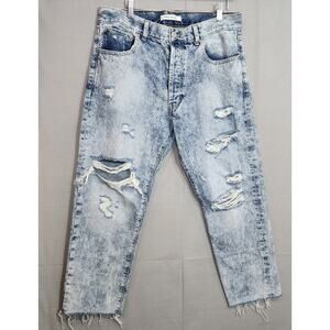 PacSun Men's Vintage Loose Crop Distressed Light Blue Denim Raw Hem Fringe Sz 34